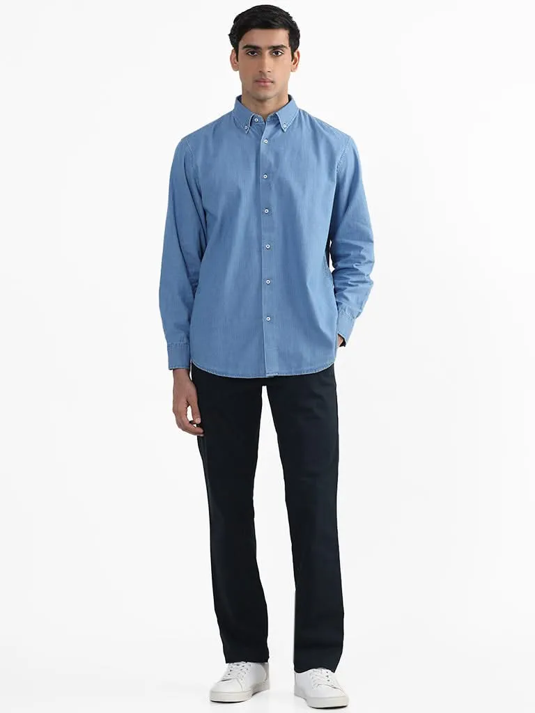 Ascot Plain Denim Blue Relaxed-Fit Shirt