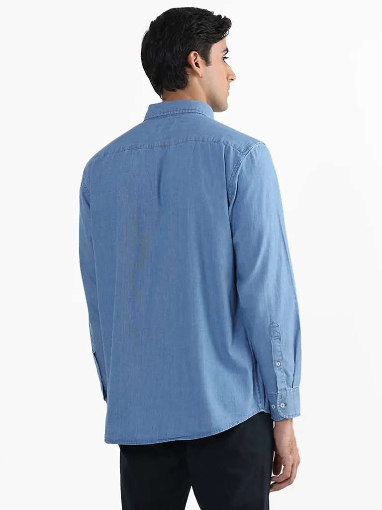 Ascot Plain Denim Blue Relaxed-Fit Shirt