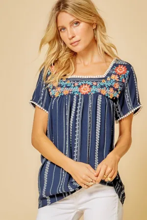 Babydoll Embroidered Top, Navy