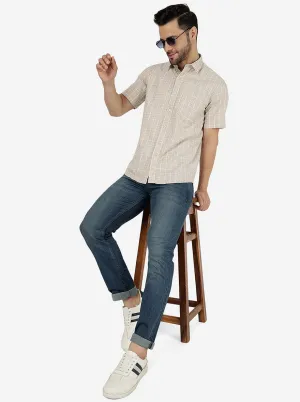 Beige Checked Slim Fit Semi Casual Shirt | JadeBlue