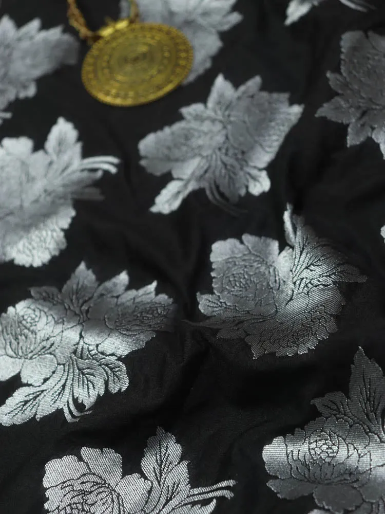 Black Banarasi Silk Silver Zari Floral Design Fabric ( 2.5 Mtr )