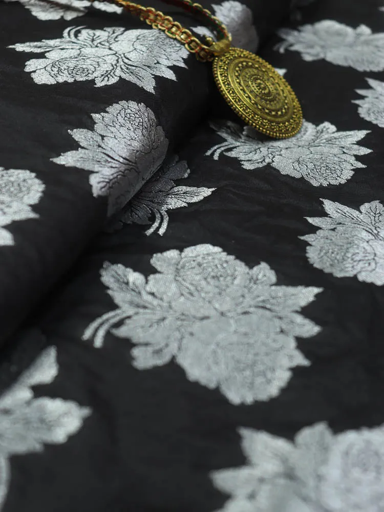 Black Banarasi Silk Silver Zari Floral Design Fabric ( 2.5 Mtr )