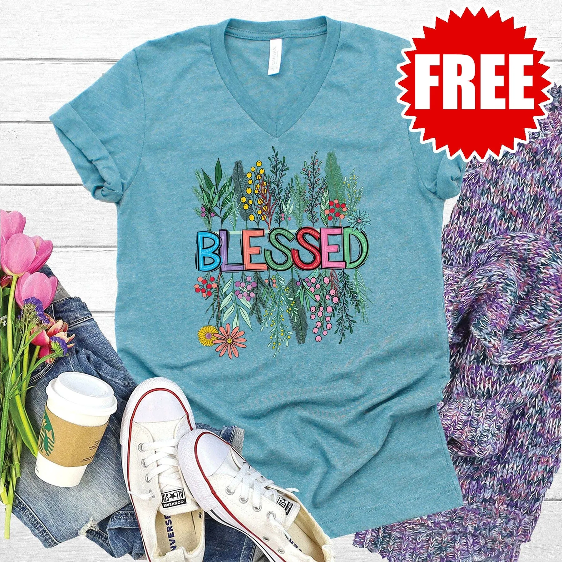 Blessed Floral V-Neck - 0