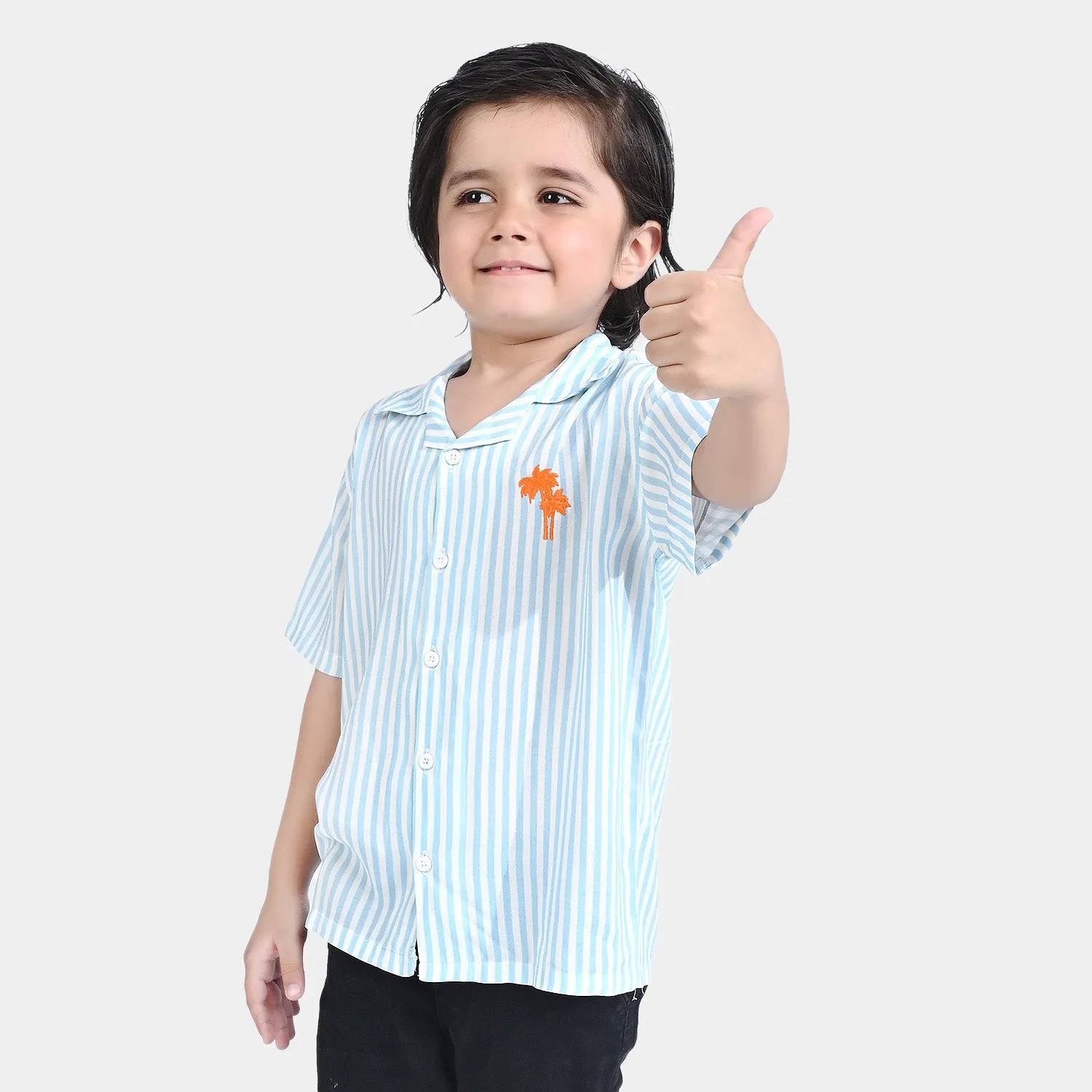 Boys Cotton Viscose Casual Shirt H/S (Stripes With Palm)-L/BLUE