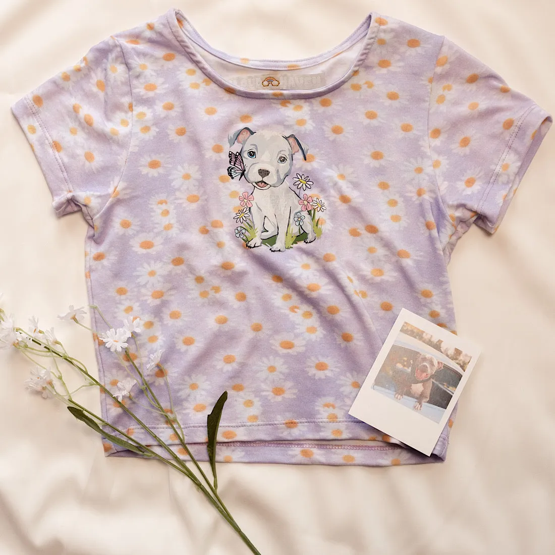 Cloud Haven Daisy Pittie Baby Tee | Daisy Graphic Crop Top Purple