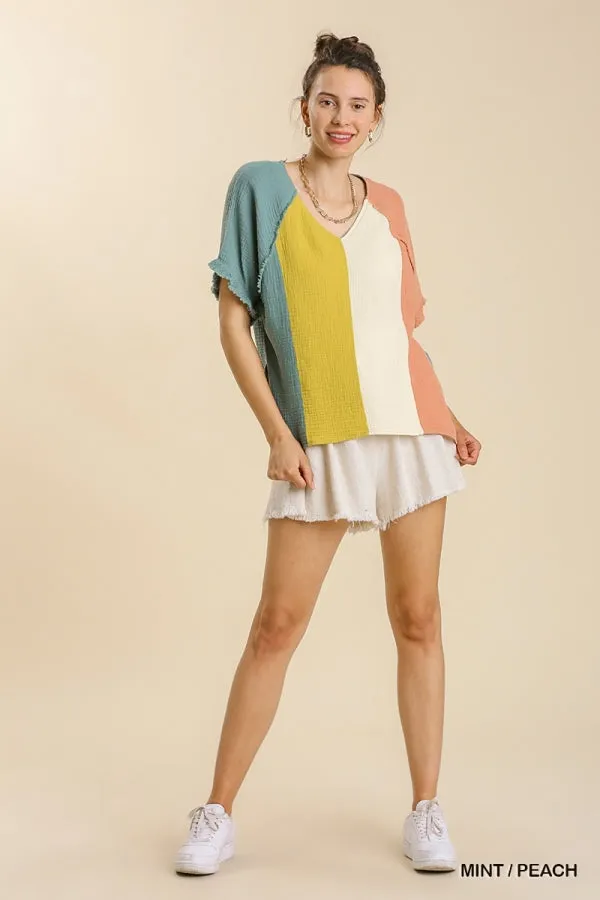 Color Block Cotton Gauze Top, Mint