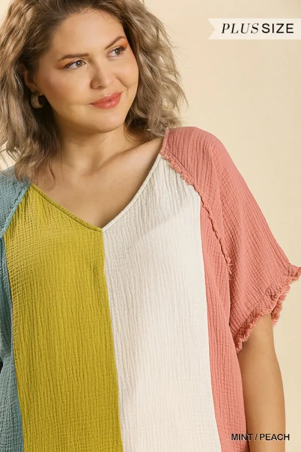 Color Block Cotton Gauze Top, Mint