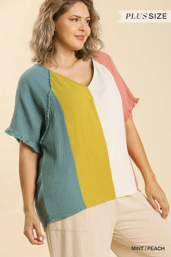 Color Block Cotton Gauze Top, Mint