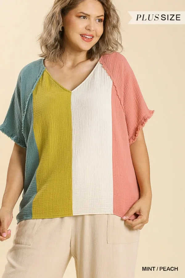 Color Block Cotton Gauze Top, Mint