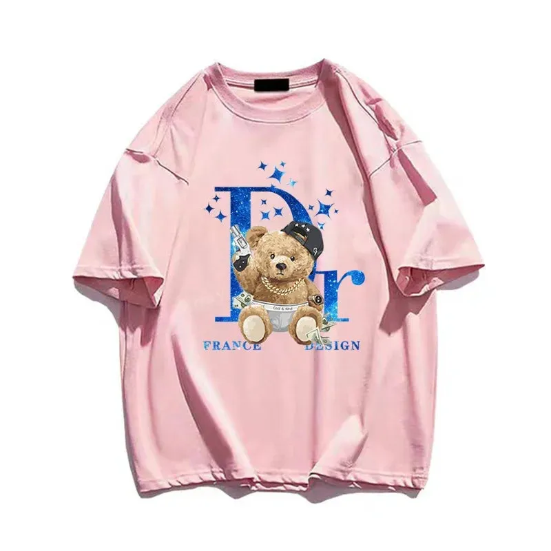 Cotton Anime Bear Print T Shirt Fashion Casual Short Sleeve Summer Junior Size Shirt Streetwear