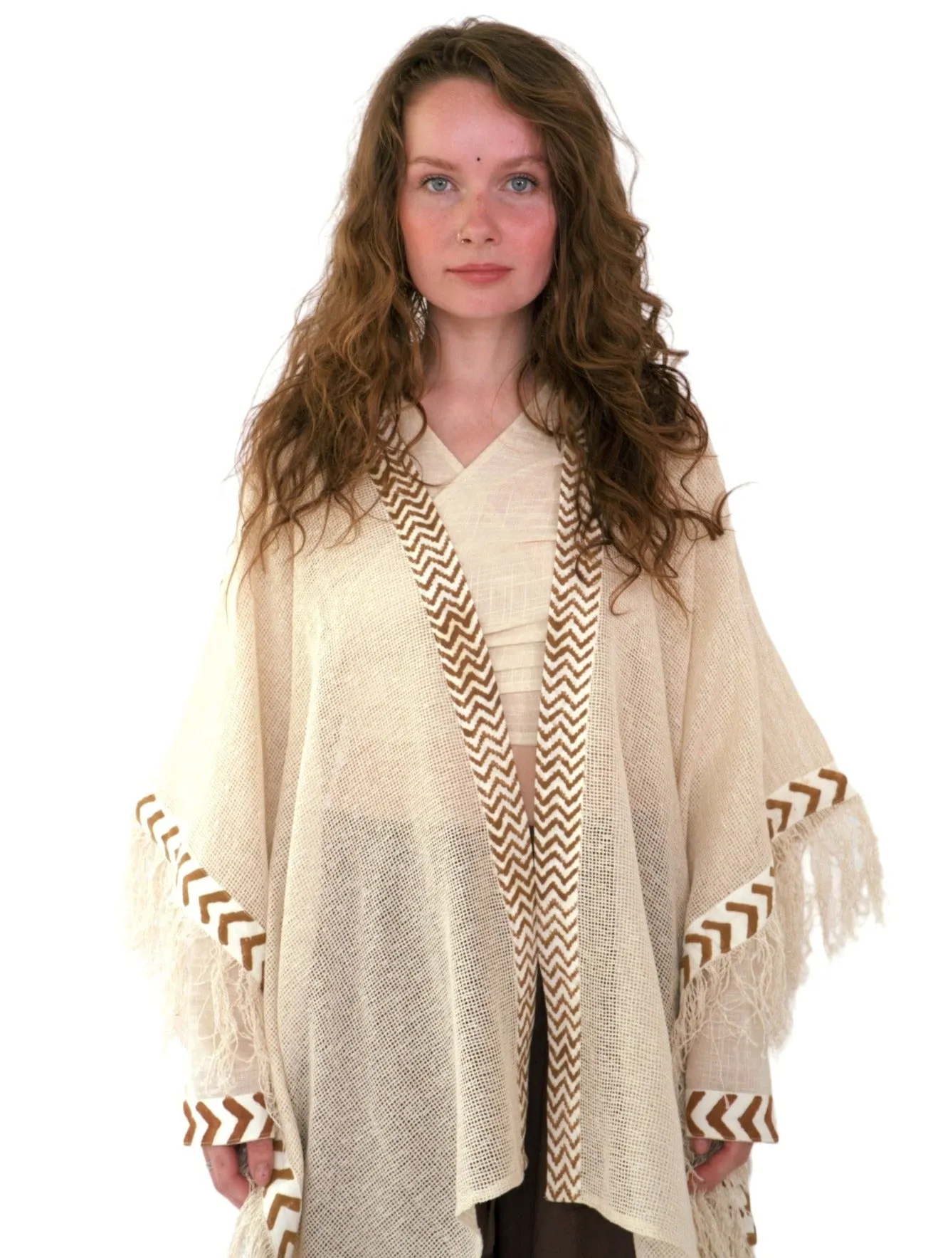 Cream Mesh Open Poncho with Fringe