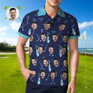 Custom Face Blue Polo Shirt For Men Personalised Golf Shirts