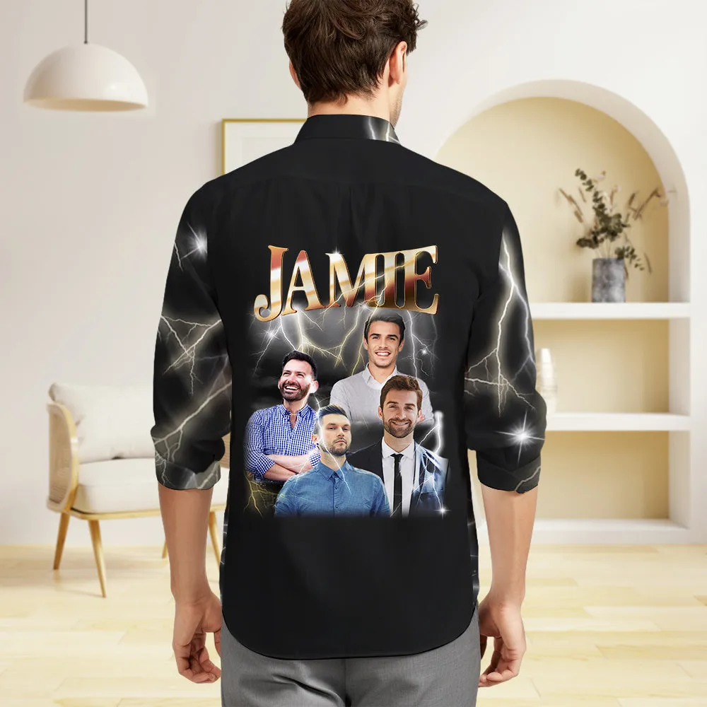 Custom Photo and Text Long Sleeve Shirts Personalised Photo Gift Men's Vintage Personality Lightning Shirts