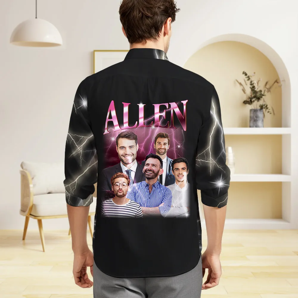 Custom Photo and Text Long Sleeve Shirts Personalised Photo Gift Men's Vintage Personality Lightning Shirts