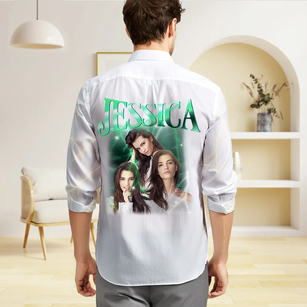 Custom Photo and Text Long Sleeve Shirts Personalised Photo Gift Men's Vintage Personality Lightning Shirts