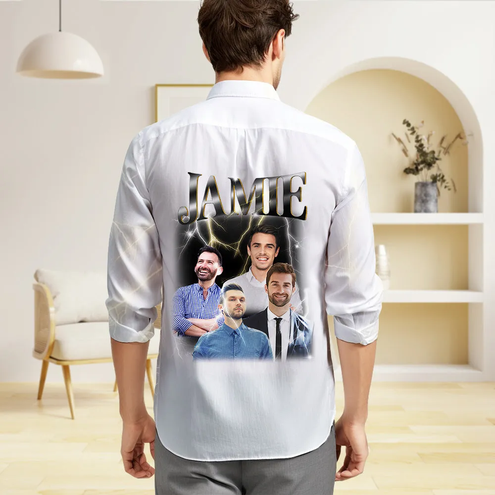 Custom Photo and Text Long Sleeve Shirts Personalised Photo Gift Men's Vintage Personality Lightning Shirts