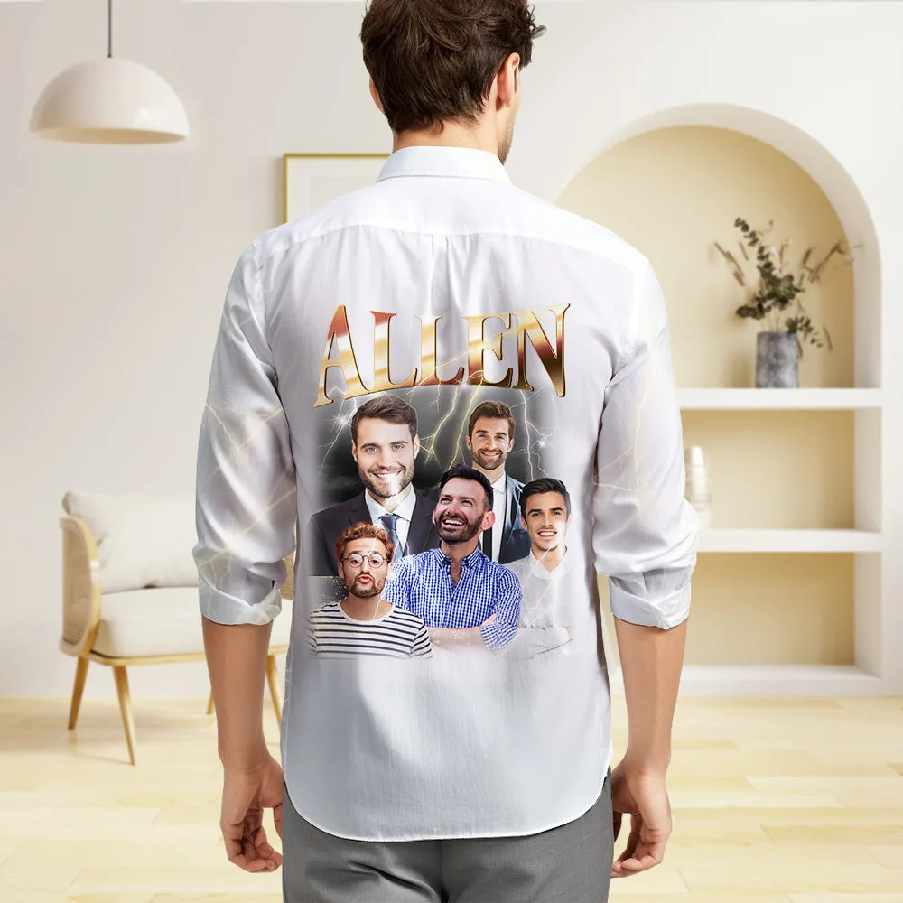 Custom Photo and Text Long Sleeve Shirts Personalised Photo Gift Men's Vintage Personality Lightning Shirts