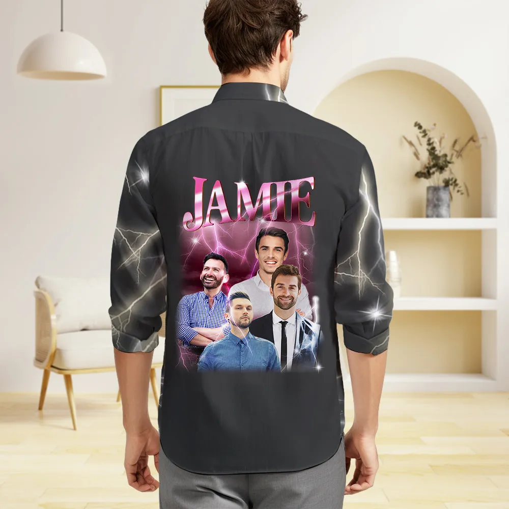 Custom Photo and Text Long Sleeve Shirts Personalised Photo Gift Men's Vintage Personality Lightning Shirts