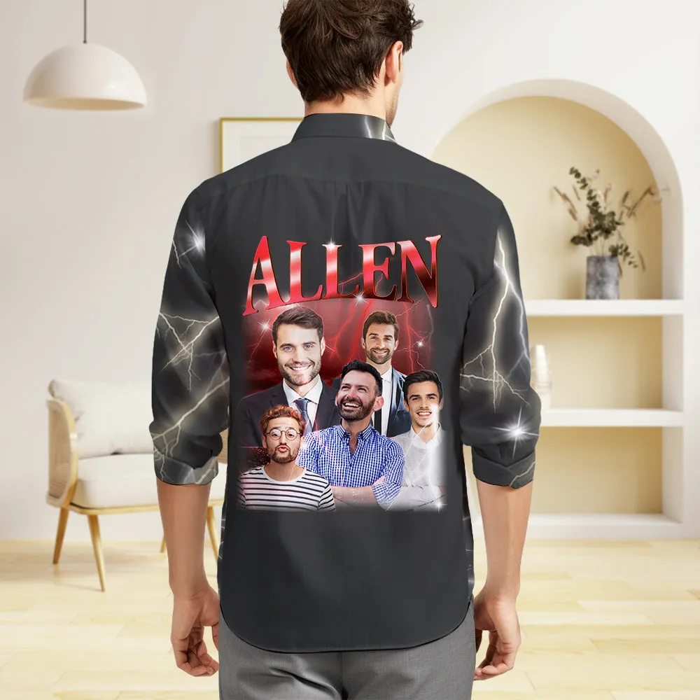 Custom Photo and Text Long Sleeve Shirts Personalised Photo Gift Men's Vintage Personality Lightning Shirts