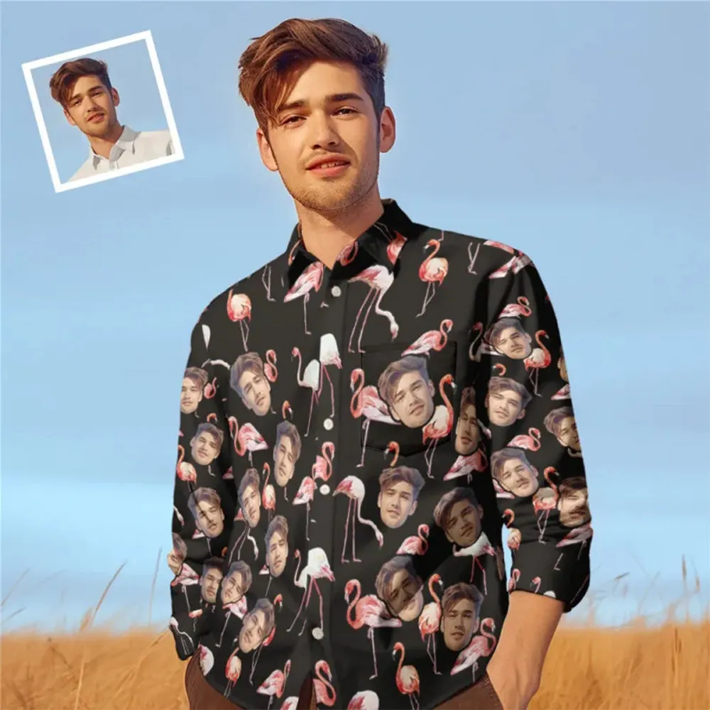 Custom Photo Long Sleeve Shirts Personalized Photo Gift Men's Valentine's Day Gift - Flamingos