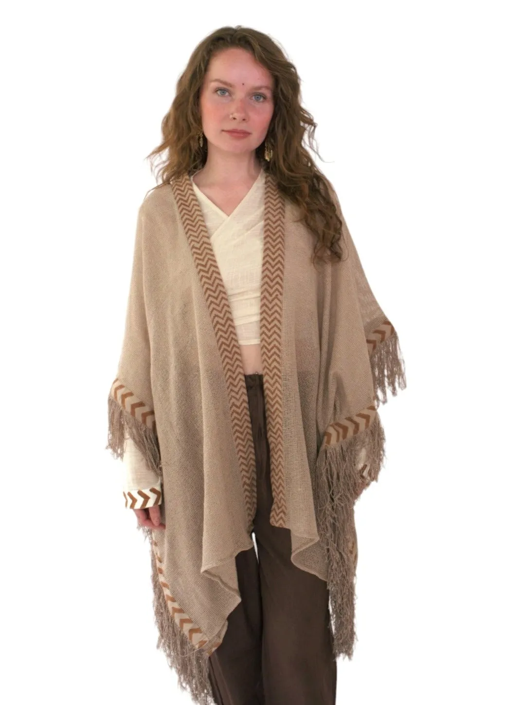 Dusty Rose Mesh Open Poncho with Fringe