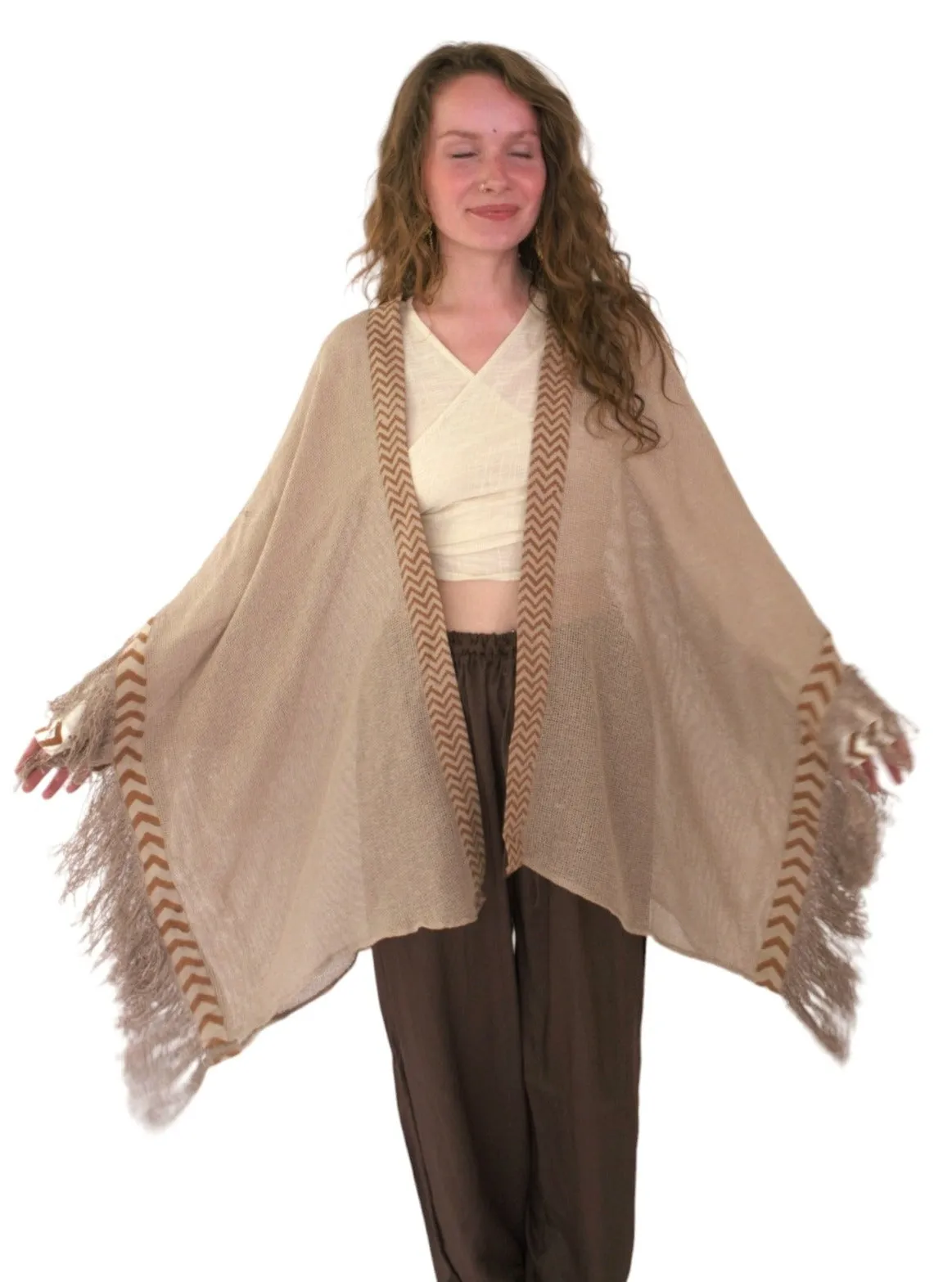 Dusty Rose Mesh Open Poncho with Fringe