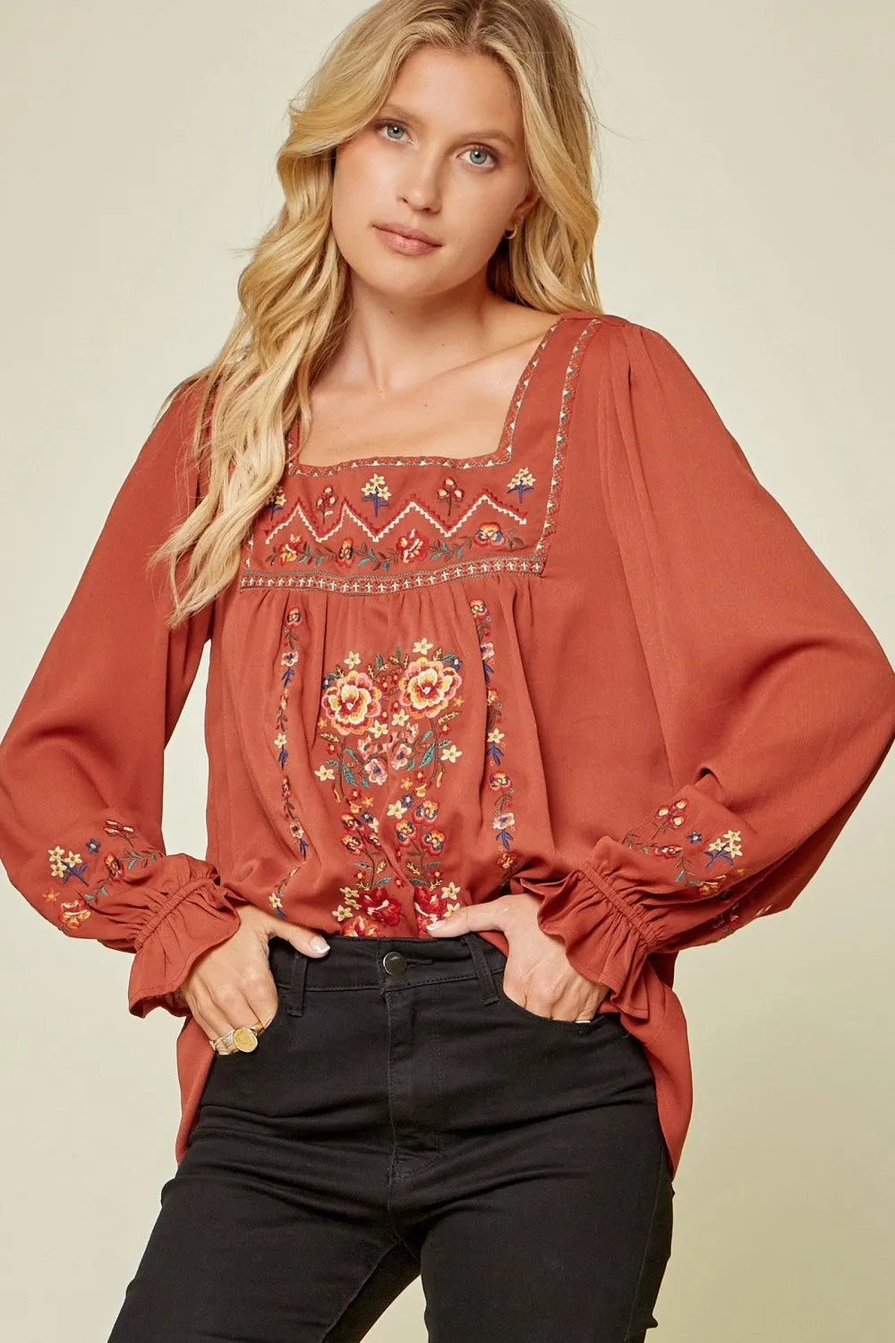 Embroidered Babydoll Top, Rust