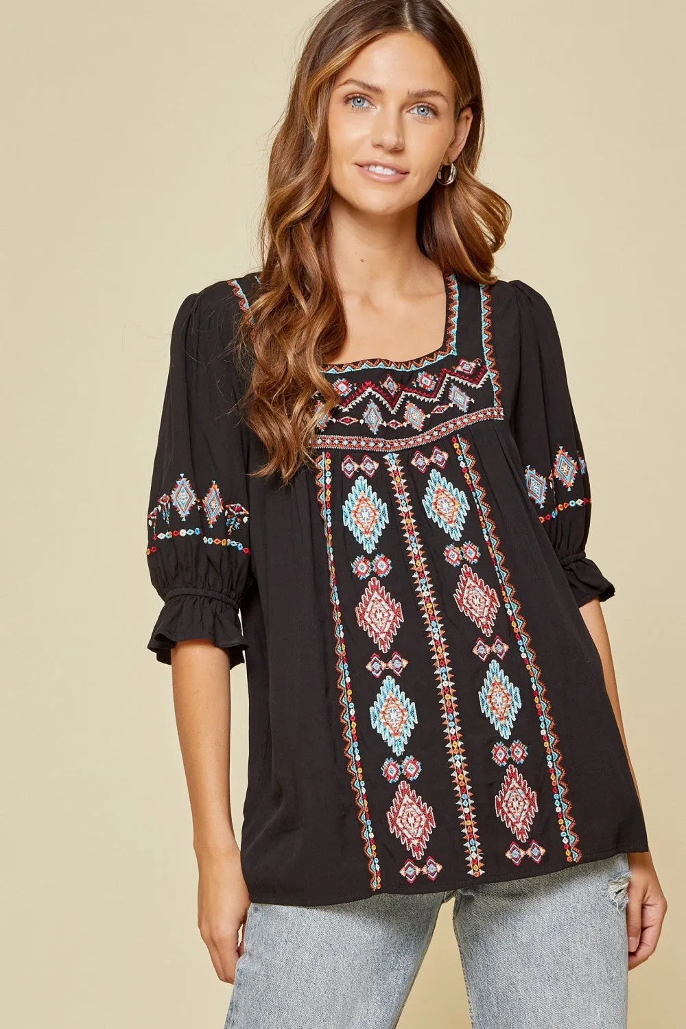 Embroidered Peasant Top, Black