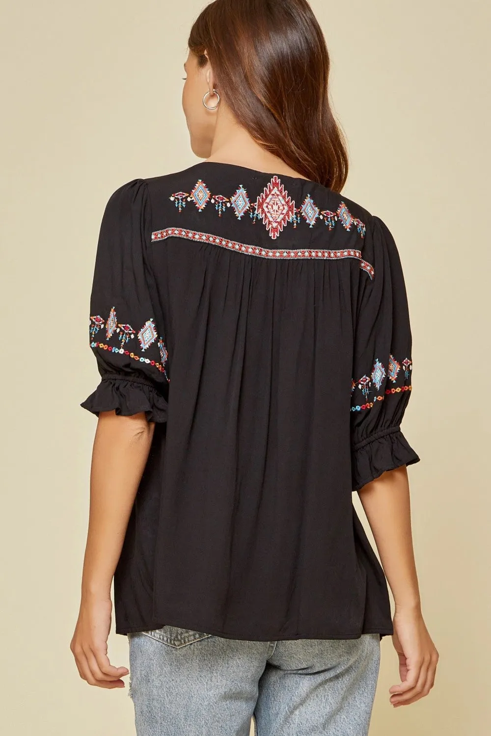 Embroidered Peasant Top, Black