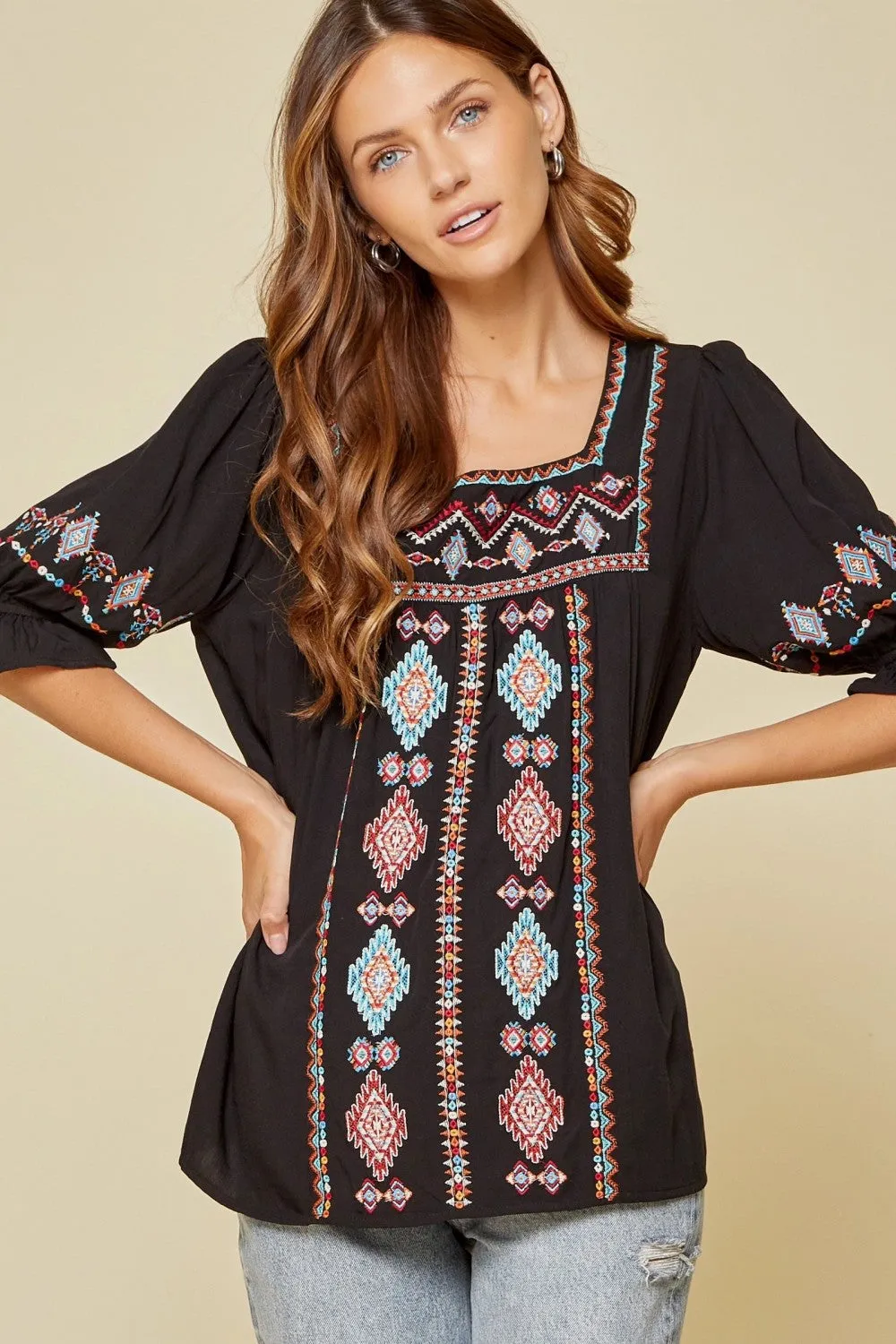 Embroidered Peasant Top, Black