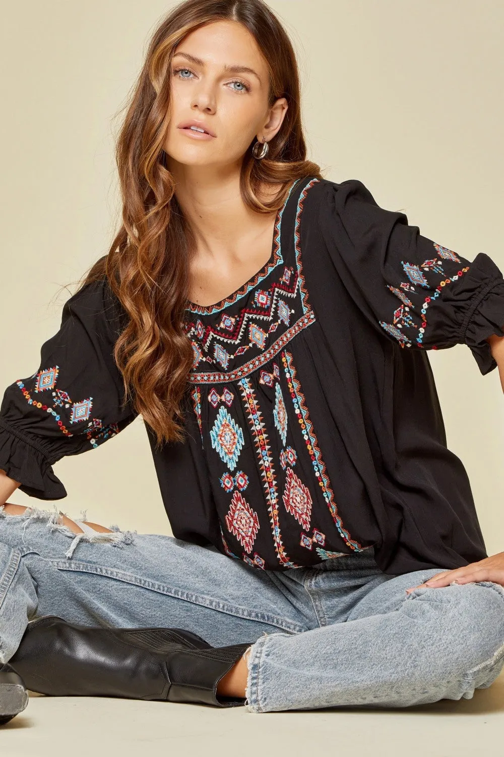 Embroidered Peasant Top, Black