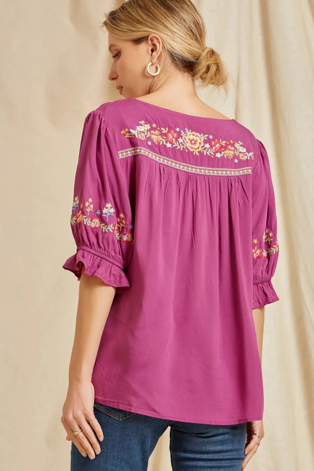 Embroidered Peasant Top, Magenta