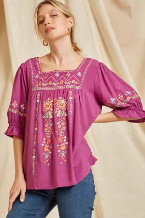 Embroidered Peasant Top, Magenta