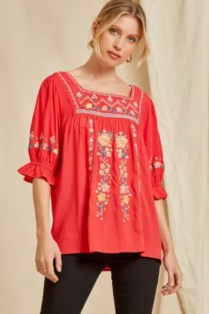 Embroidered Peasant Top, Red