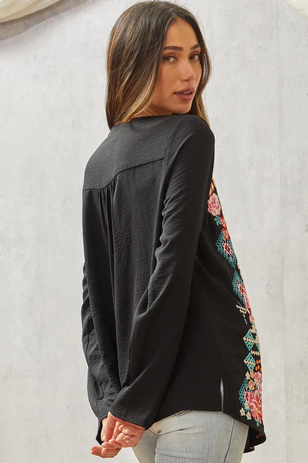 Embroidered Roll Tab Sleeve Blouse, Black