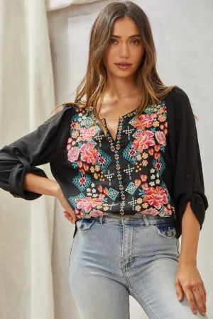 Embroidered Roll Tab Sleeve Blouse, Black