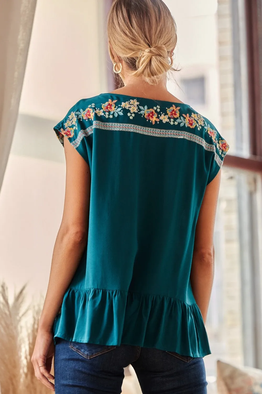 Embroidered Ruffle Top, Teal