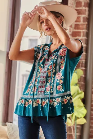 Embroidered Ruffle Top, Teal