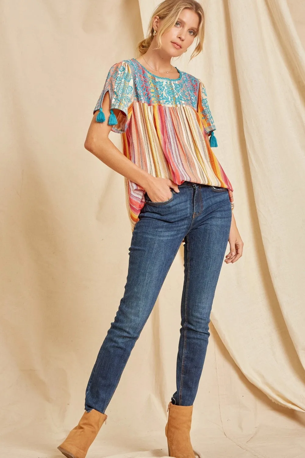 Embroidered Serape Babydoll Top