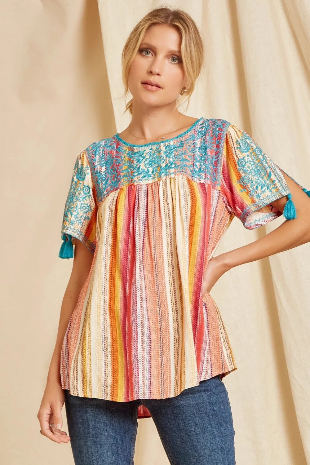 Embroidered Serape Babydoll Top