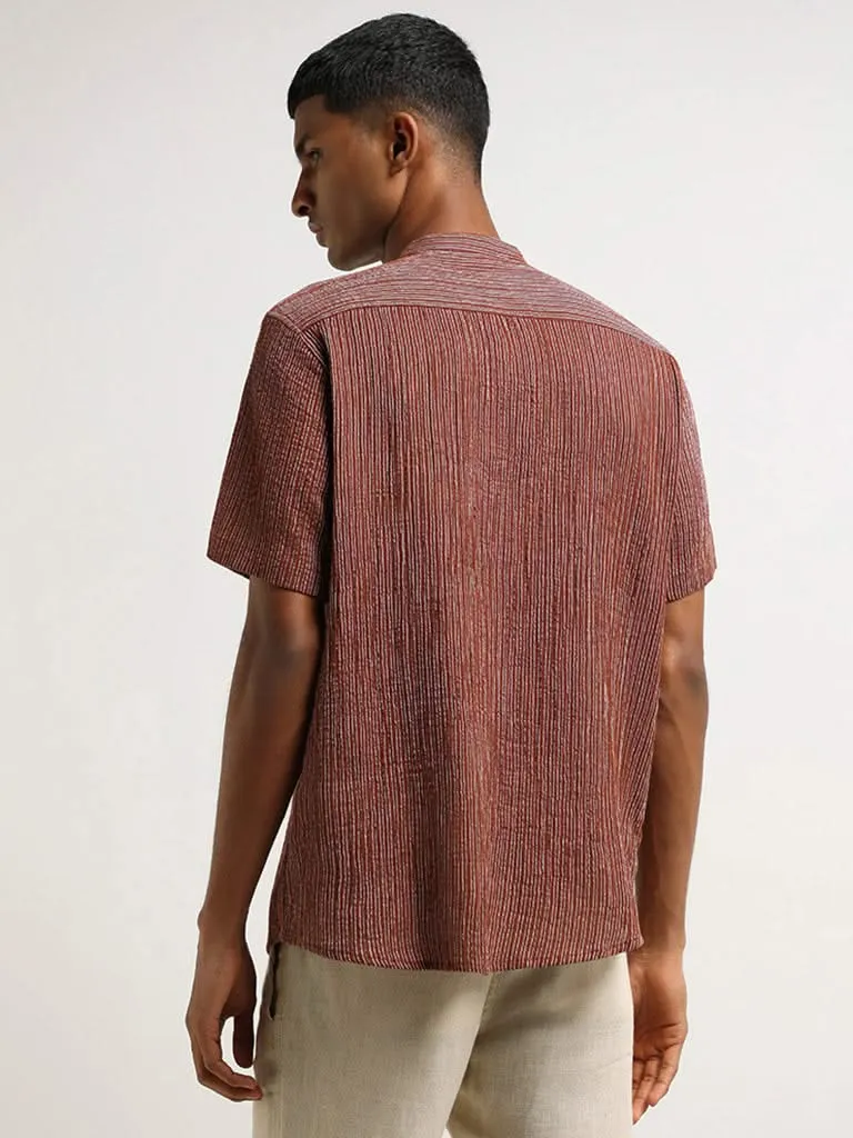 ETA Brown Striped Crinkled Cotton Resort Fit Shirt