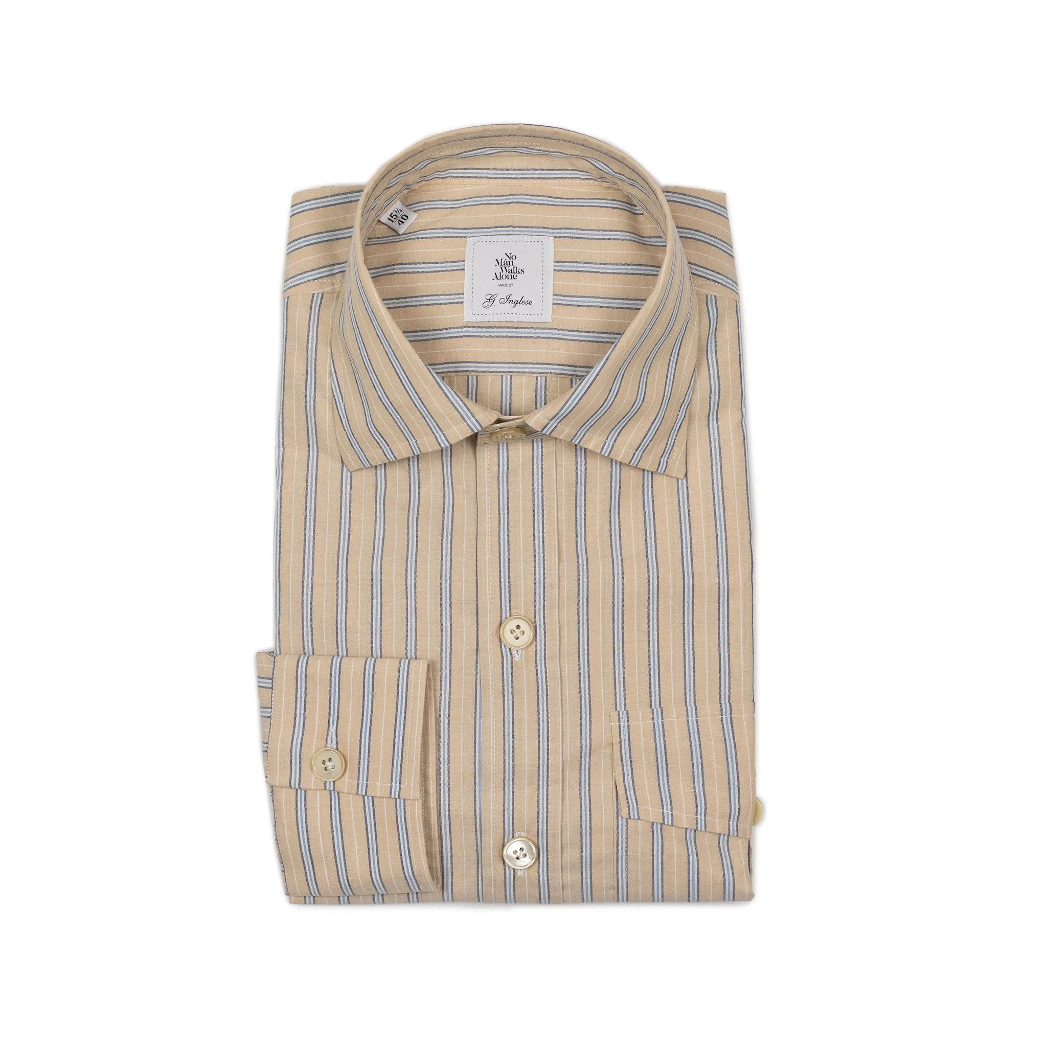 Exclusive Work Shirt in peach cotton with white and blue retro stripes