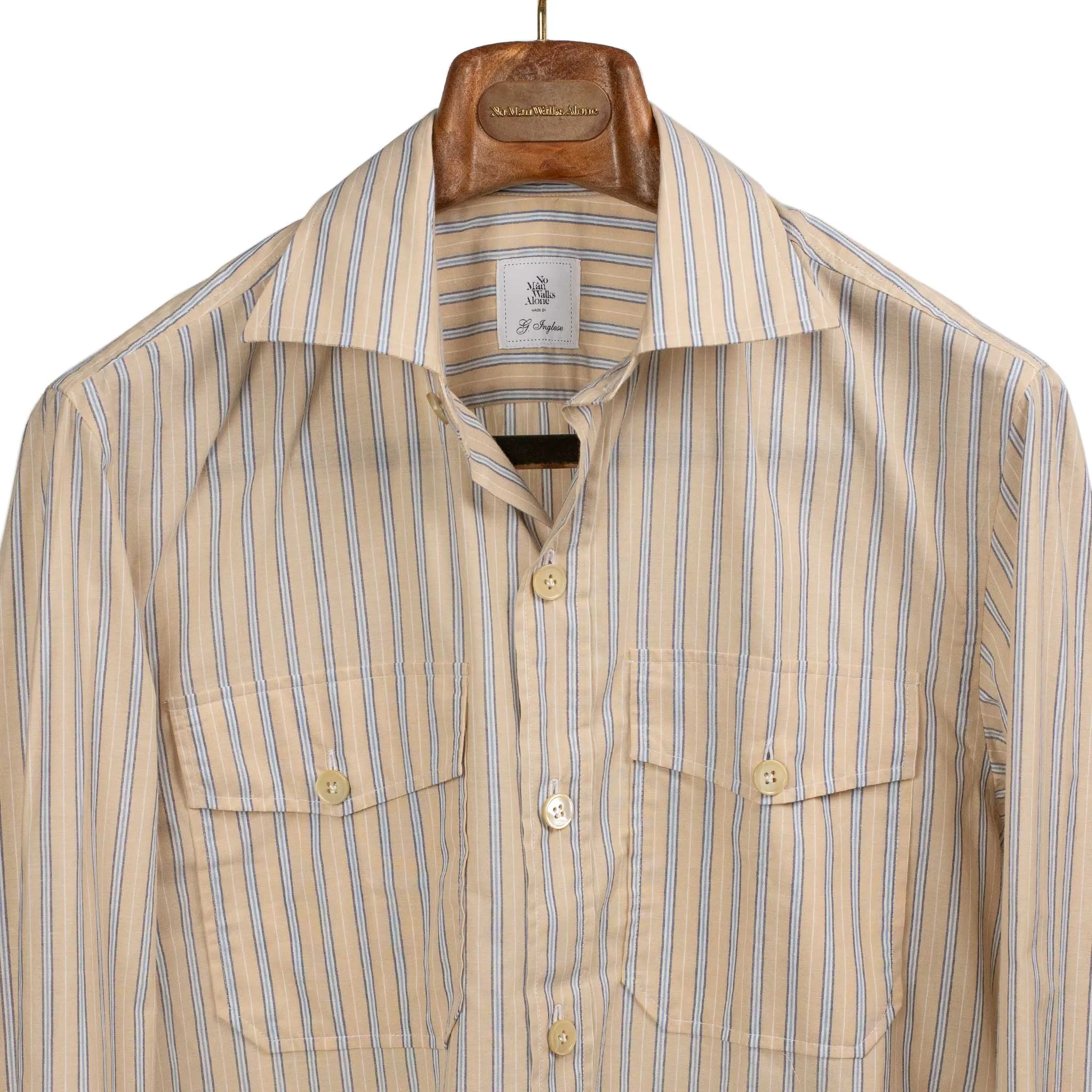 Exclusive Work Shirt in peach cotton with white and blue retro stripes