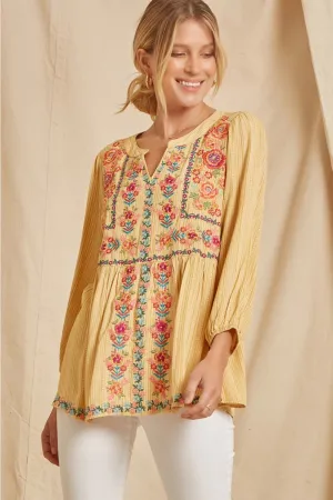 Floral Embroidered Babydoll Top, Marigold