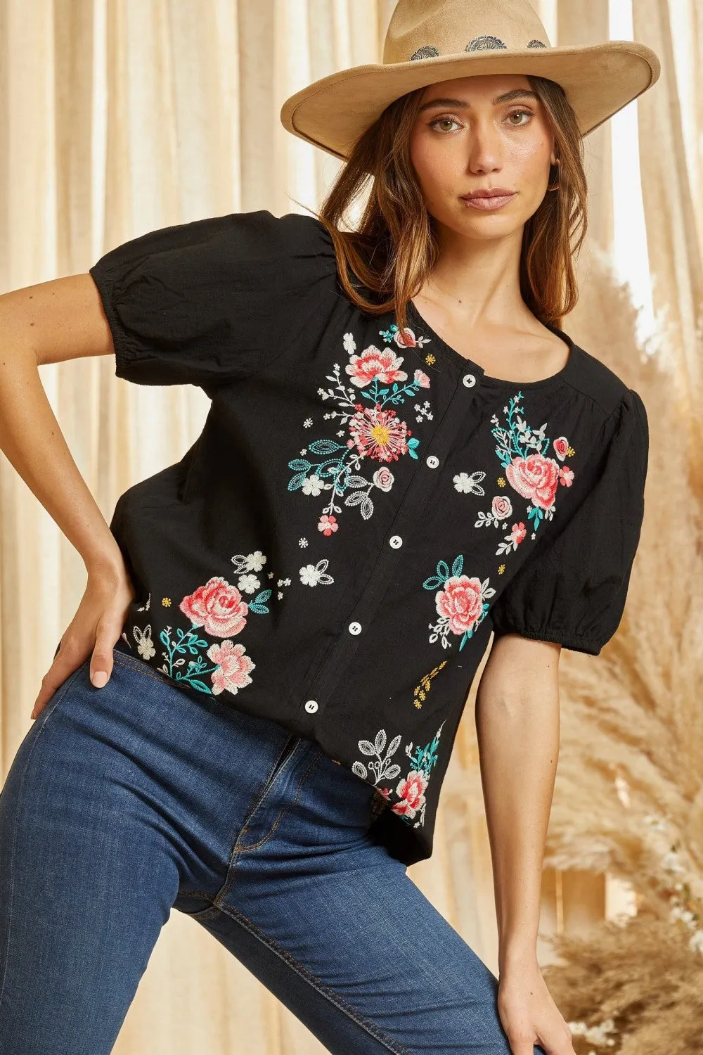 Floral Embroidered Button Down Blouse