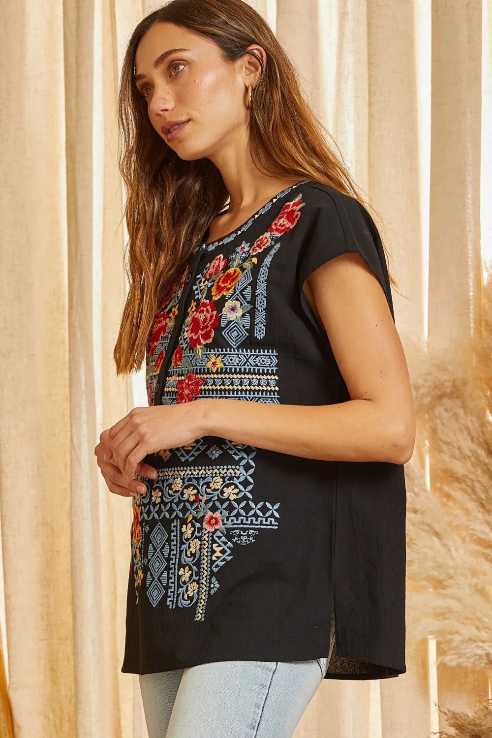 Floral Embroidered Dolman Blouse, Black