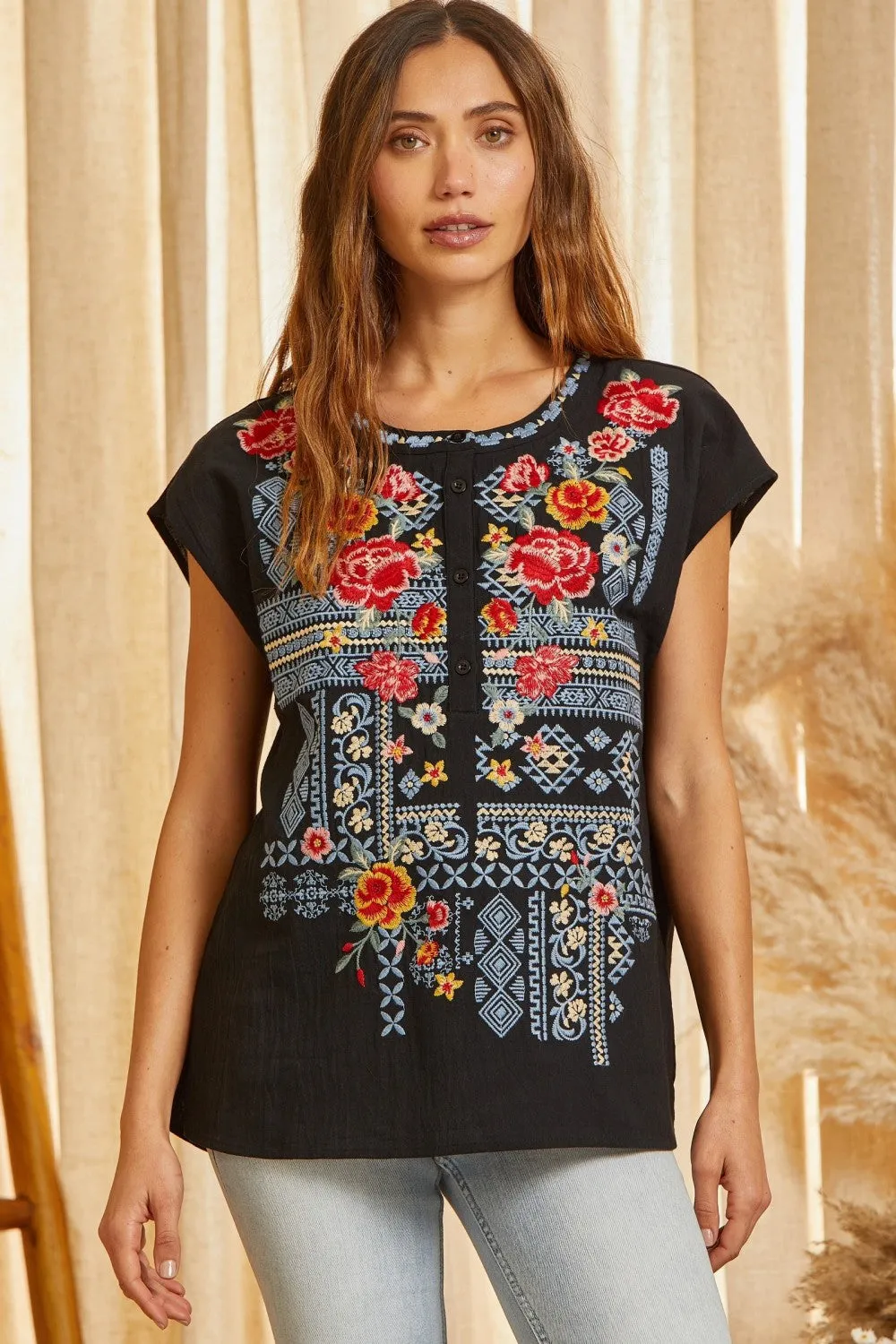 Floral Embroidered Dolman Blouse, Black