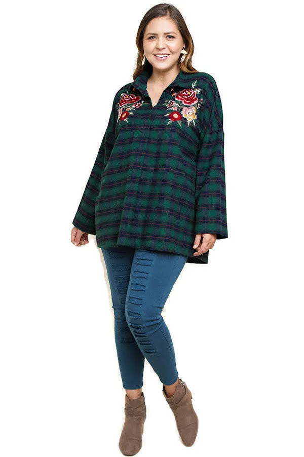 Floral Embroidered Plaid Tunic, Green