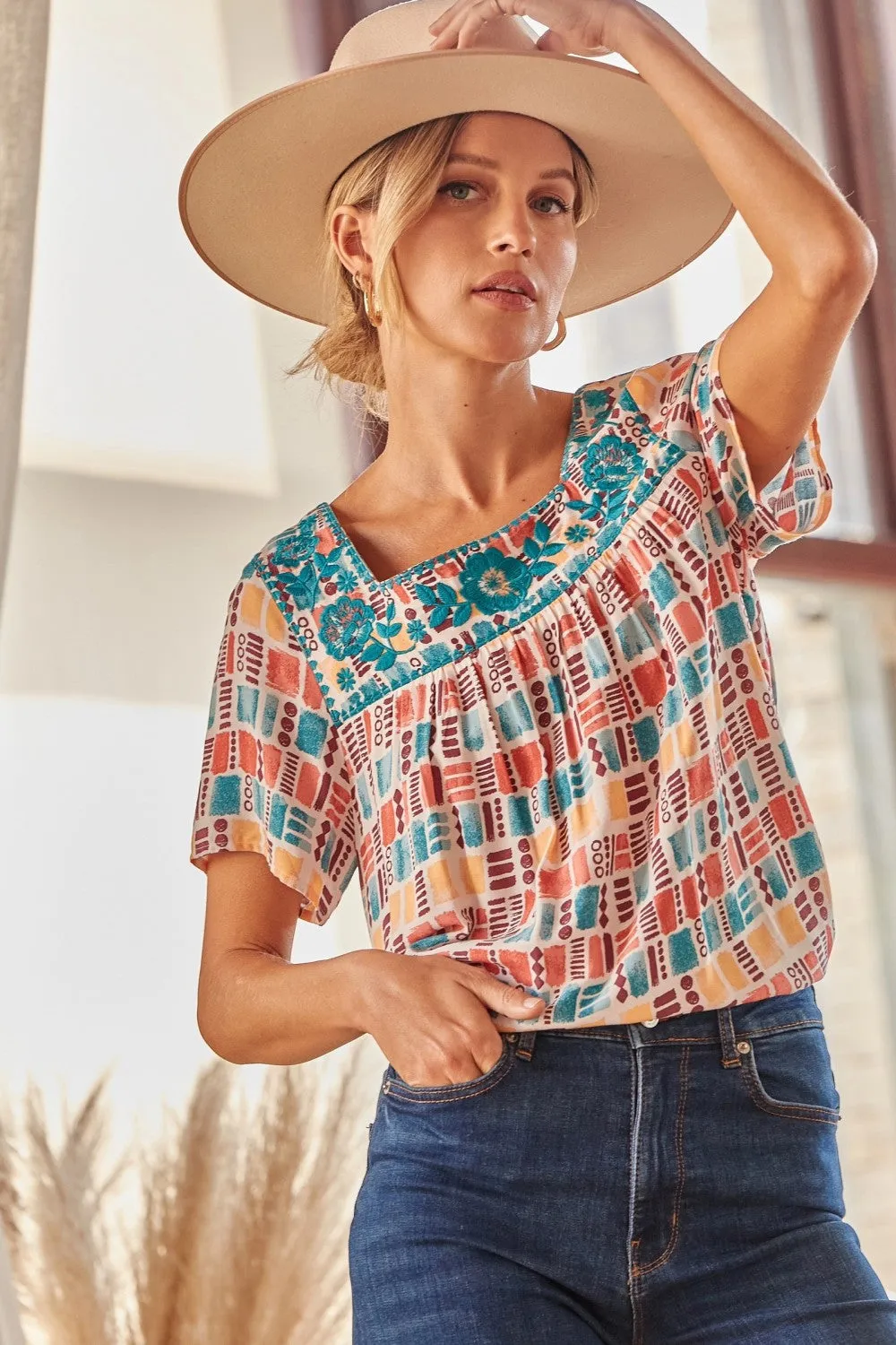 Floral Embroidered Printed Top