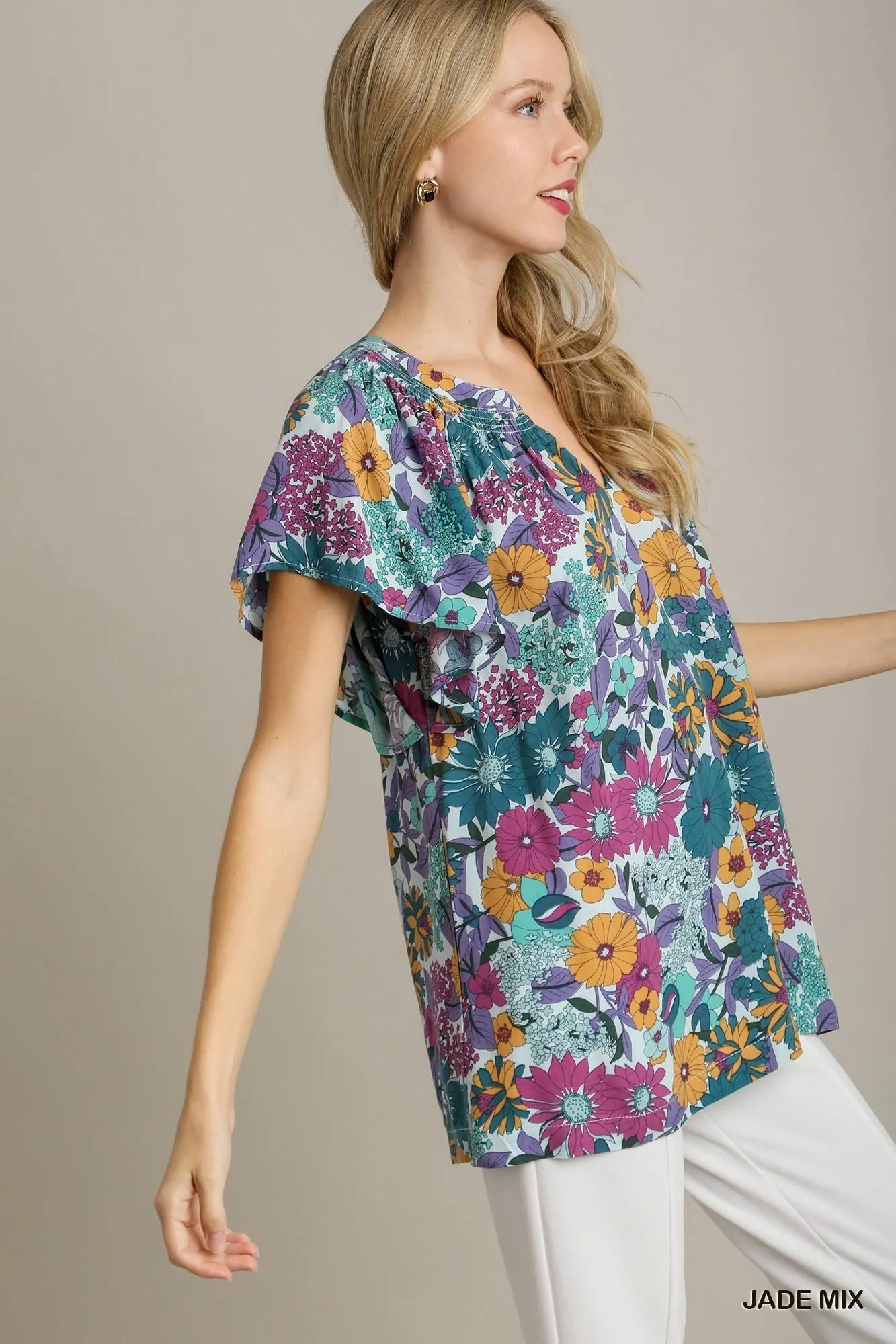 Floral Split Neck Top, Jade